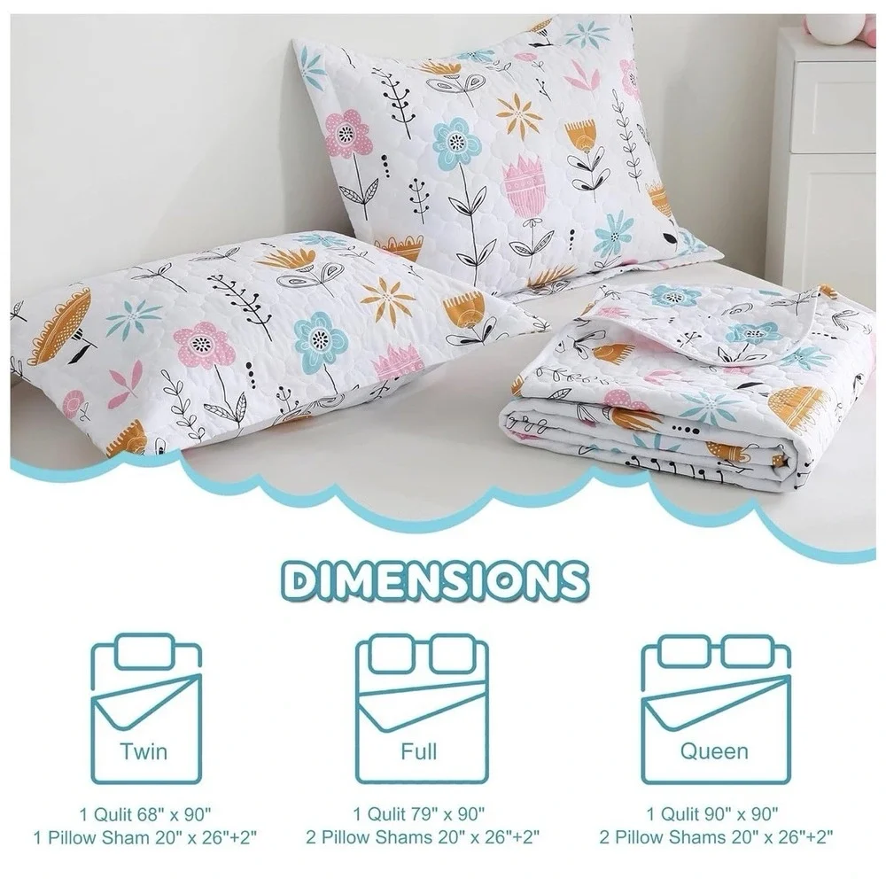 Girls Pink Floral Quilt Set Full Size‎ Kids Bedding Set